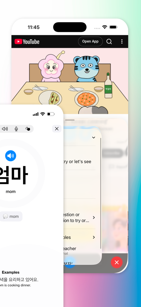 Flashcards - Learn Korean - Una pantalla de aplicación móvil que muestra una tarjeta de memoria de vocabulario coreano para la palabra mamá con su escritura Hangeul y traducción al inglés.