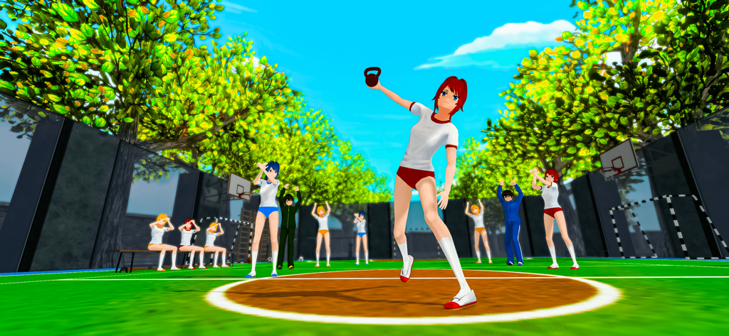 Anime High School Girl Game - Anime high school girls performing physical education exercises on an outdoor sports court