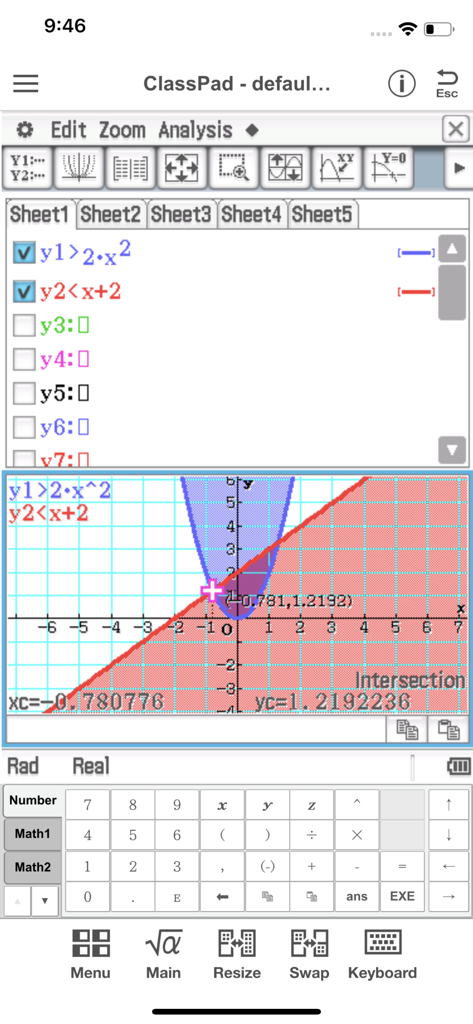 CASIO ClassPad app interface showing an inequality graph with shaded regions and an intersection point calculation.