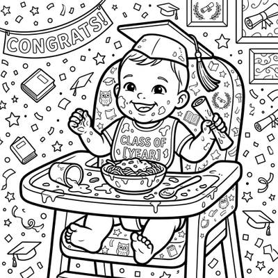 Get ready for adorable chaos with this unique baby eating graduation coloring page! Watch a tiny graduate celebrate their big day with a hilarious, food-filled mess, perfect for a smile-inducing coloring session.