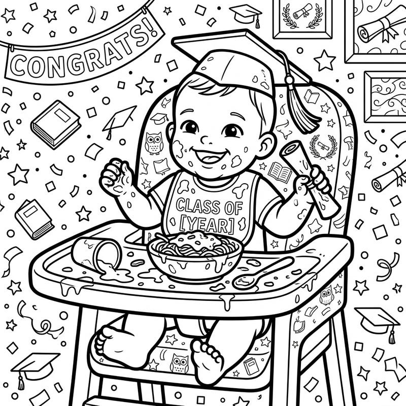 Get ready for adorable chaos with this unique baby eating graduation coloring page! Watch a tiny graduate celebrate their big day with a hilarious, food-filled mess, perfect for a smile-inducing coloring session.