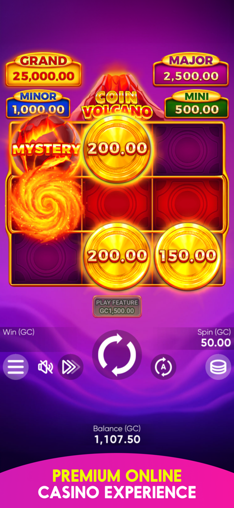 Pulsz: Online Casino Games - Gameplay screen of Pulsz online casino featuring the Coin Volcano slot game with multiple jackpot levels.
