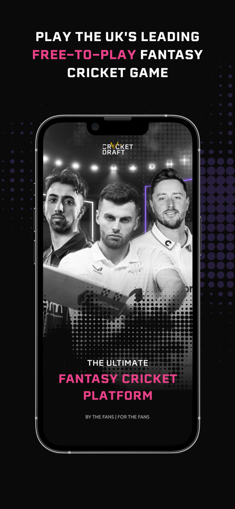 The Cricket Draft - Écran promotionnel de l'application The Cricket Draft intitulé la plateforme ultime de cricket fantasy.
