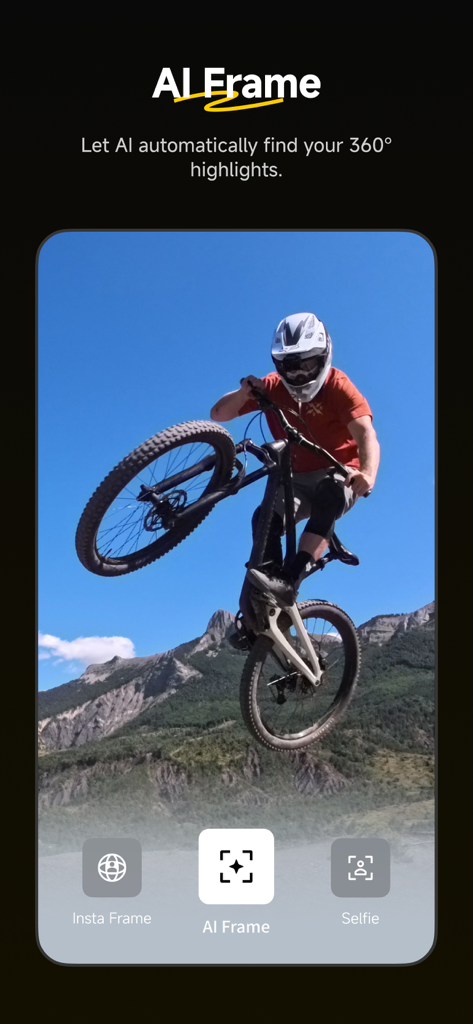 Insta360 app interface showing AI Frame feature with a mountain biker jump