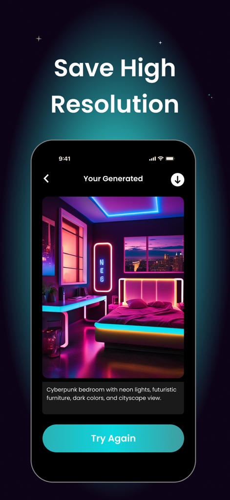 Smartphone screen showing an AI-generated cyberpunk bedroom with neon lights and a futuristic design.