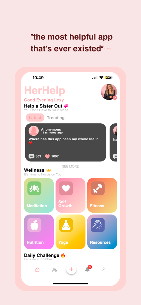 HerHelp app home screen featuring a social community feed and wellness icons for meditation fitness and nutrition