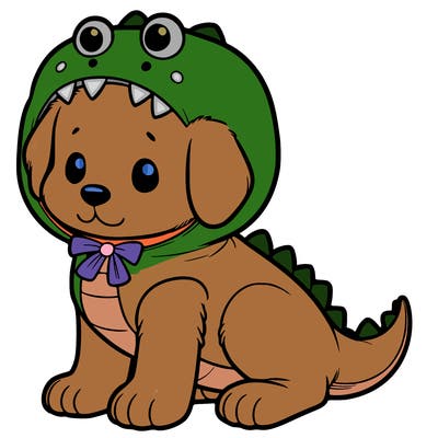 puppy wearing a dino costume