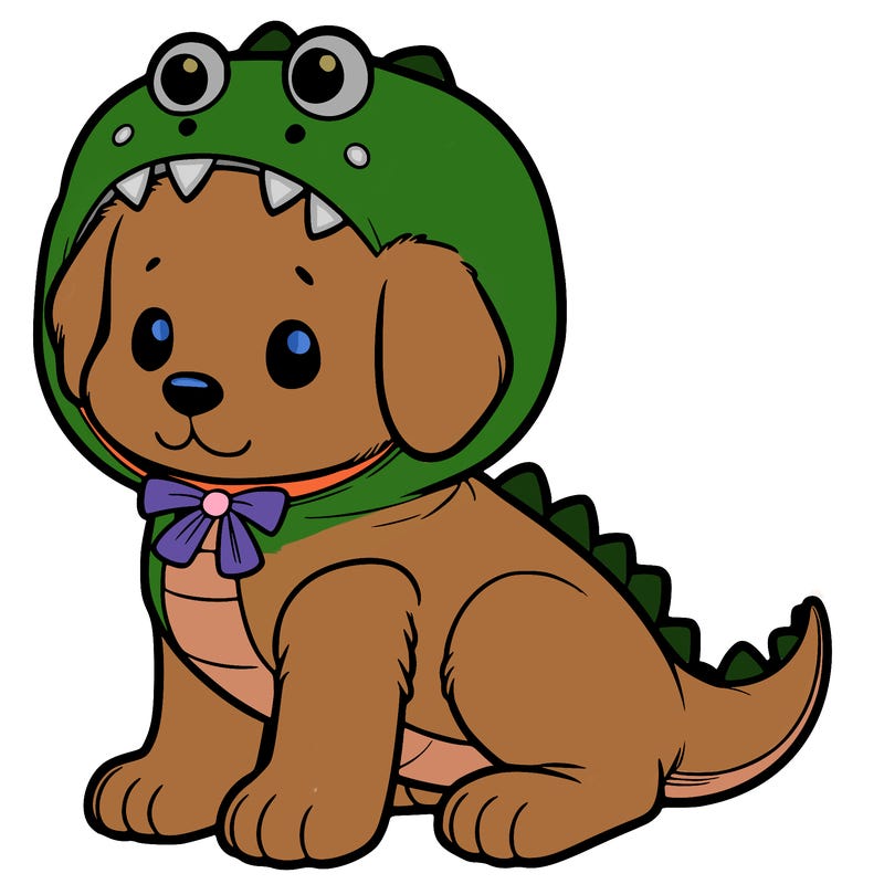 puppy wearing a dino costume