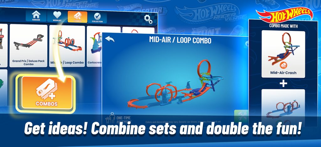 Interface of the Hot Wheels Track Creator app showing how to combine different sets into a mid-air loop layout.
