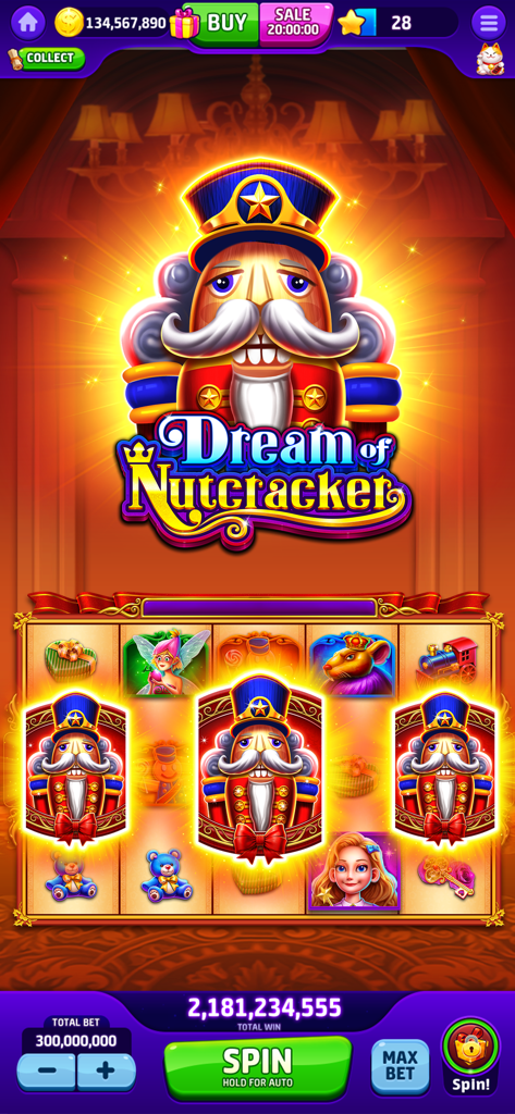 Cash Mania: Vegas Slots Casino - Sueño de una jugabilidad de máquina tragamonedas temática de El Cascanueces en la aplicación Cash Mania Vegas Slots Casino.