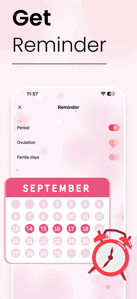 Reminder settings for period and ovulation tracking with a calendar view