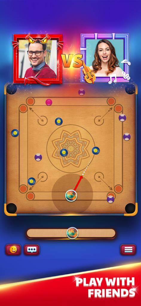 Online multiplayer carrom board match showing two players competing with a play with friends banner