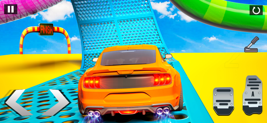 Drift Race Car Driving Games - Orange sports car racing on a blue sky-high mega ramp towards a finish gate