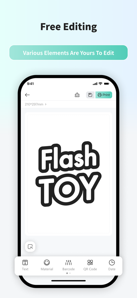 Interfaz de la aplicación FlashToy que muestra herramientas de edición gratuitas para pegatinas de tatuajes personalizadas que incluyen opciones de texto, código de barras y código QR.