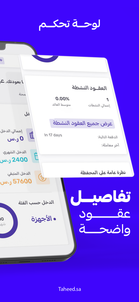 تعهيد | Taheed - Taheed app dashboard showing active investment contracts and monthly income statistics