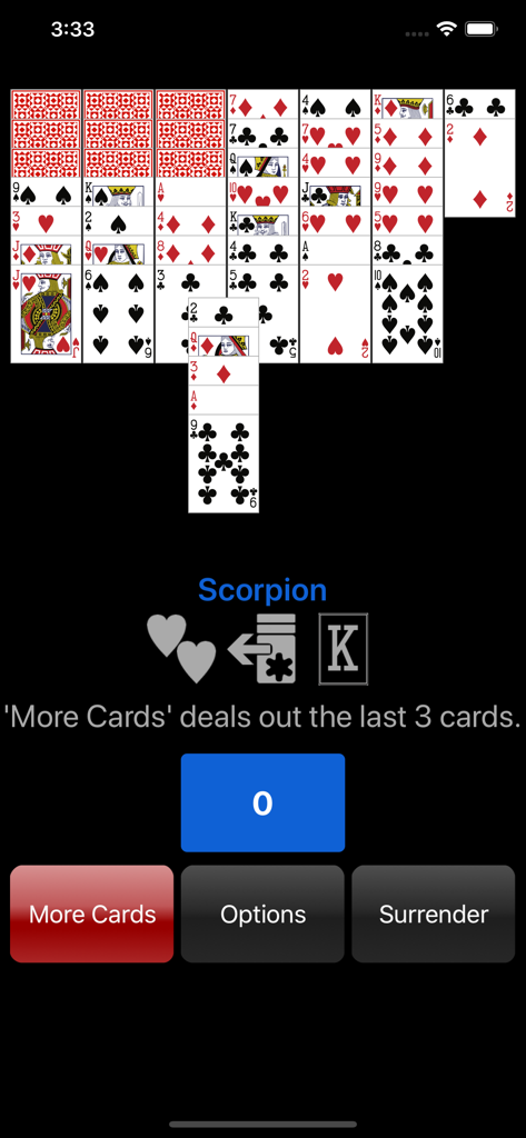 Uma tela de jogo do Scorpion Solitaire mostrando colunas de cartas e botões de controle de jogo