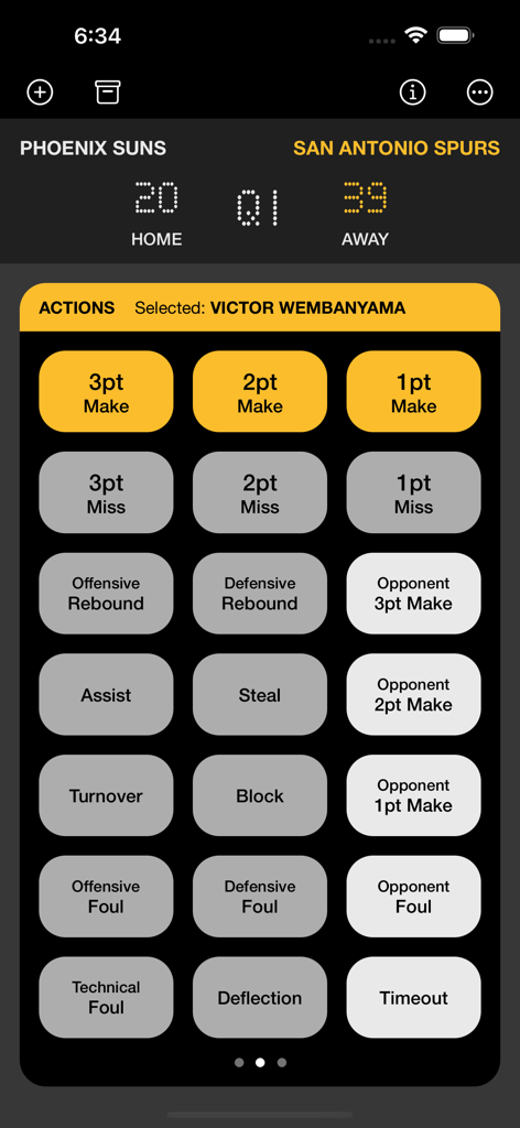 InfiniteHoops Stats mobile app screen showing basketball game scorekeeping and player action buttons.
