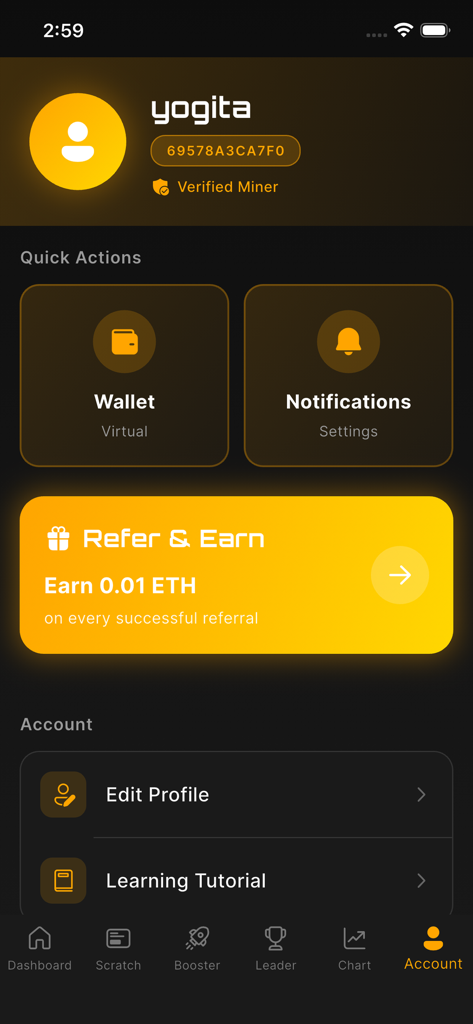 ETH mining - ethereum miner - Benutzerkonto-Oberfläche der ETH-Mining-App mit dem Profilbereich, einem Link zur virtuellen Wallet und einem Banner für Empfehlungen und Prämien.