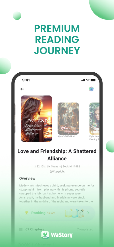 WaStory - WaStory App-Oberfläche, die eine Übersicht über eine serielle Romanze und die Schlagzeile Premium Reading Journey zeigt