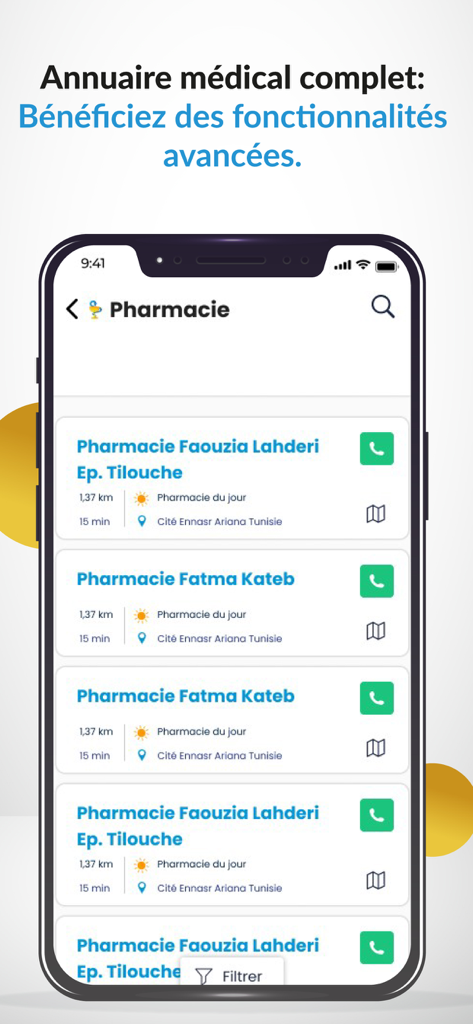 Med - Pantalla del directorio de farmacias en la aplicación Med que lista las farmacias cercanas con información de contacto