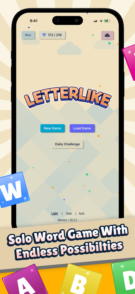 Letterlike app main menu on a smartphone showing new game and daily challenge options
