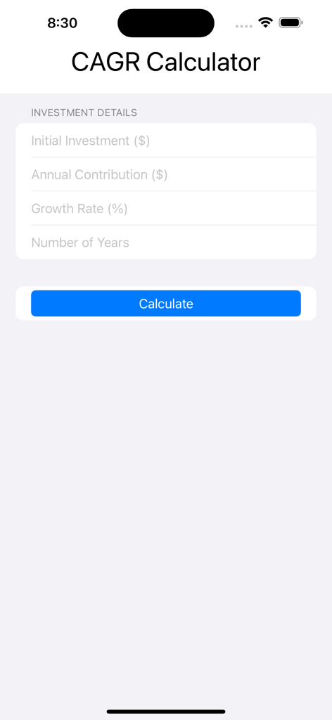 Interfaccia dell'app del calcolatore CAGR che mostra i campi di input dell'investimento e il pulsante di calcolo