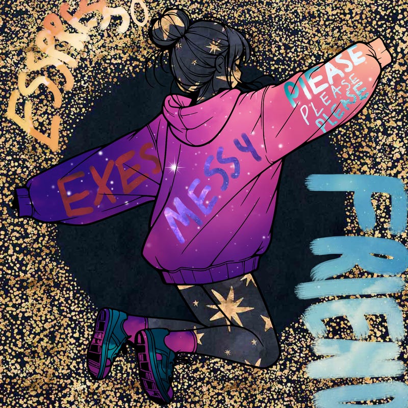 realistic girl jumping with a bun and oversized sweatshirt