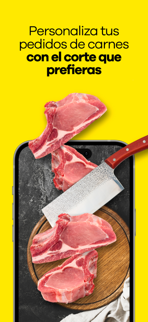 éxito - 黄色の背景に、肉屋のナイフで新鮮な肉の切り身がスライスされているスマートフォンが表示され、パーソナライズされた肉の注文に関するテキストが表示されています。