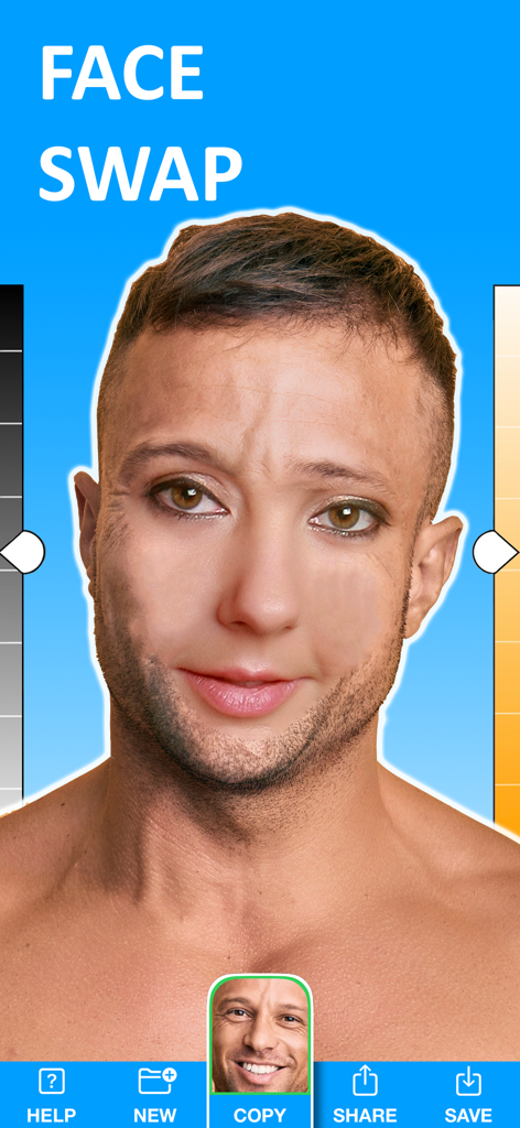 Copy Replace Photo Face Swap - Retrato de um homem com feições faciais trocadas usando o aplicativo móvel de troca de rostos
