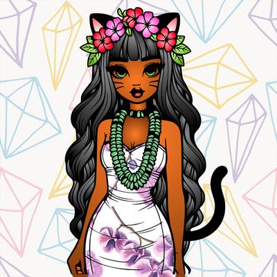realistic hawaiian girl with haku lei,lips,long dress,cat ears and tail
