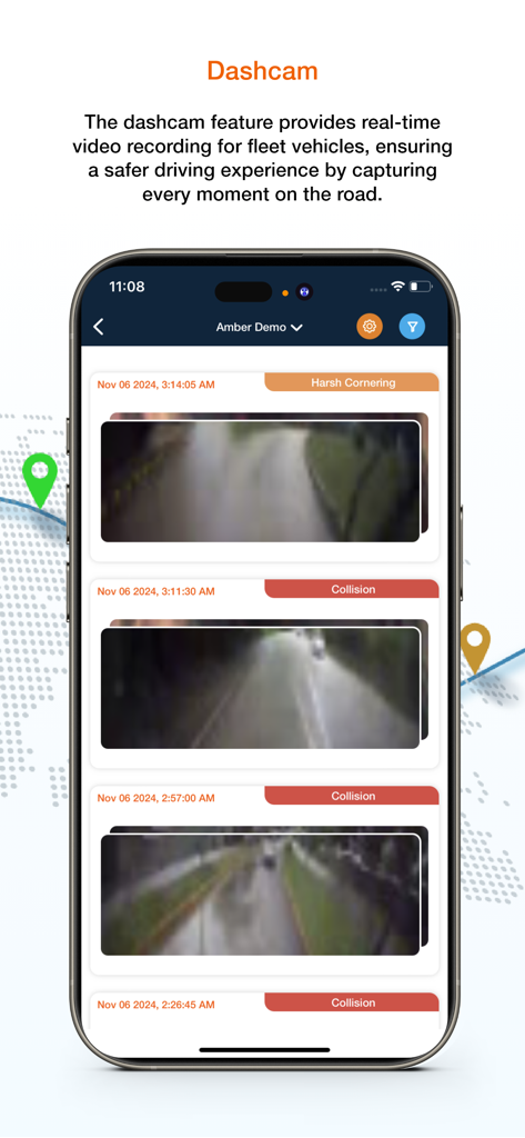Amber Fleet Connect app interface displaying dashcam video recordings of driving incidents like harsh cornering and collisions.