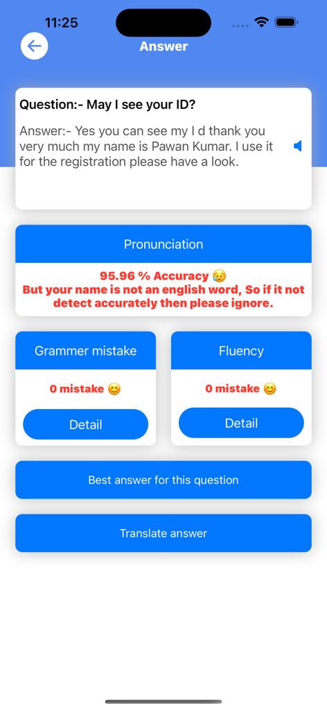 IELTS PTE Exam Prep - BabyCode - AI evaluation of an IELTS speaking answer showing pronunciation accuracy grammar and fluency scores