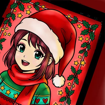 christmas anime girl she’s wearing a red santa hat