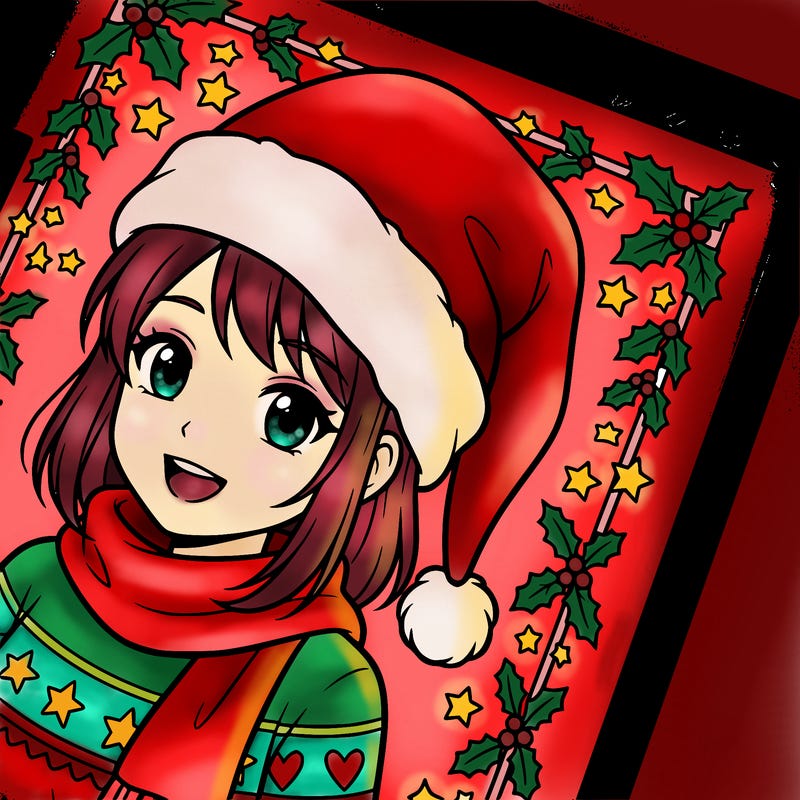 christmas anime girl she’s wearing a red santa hat