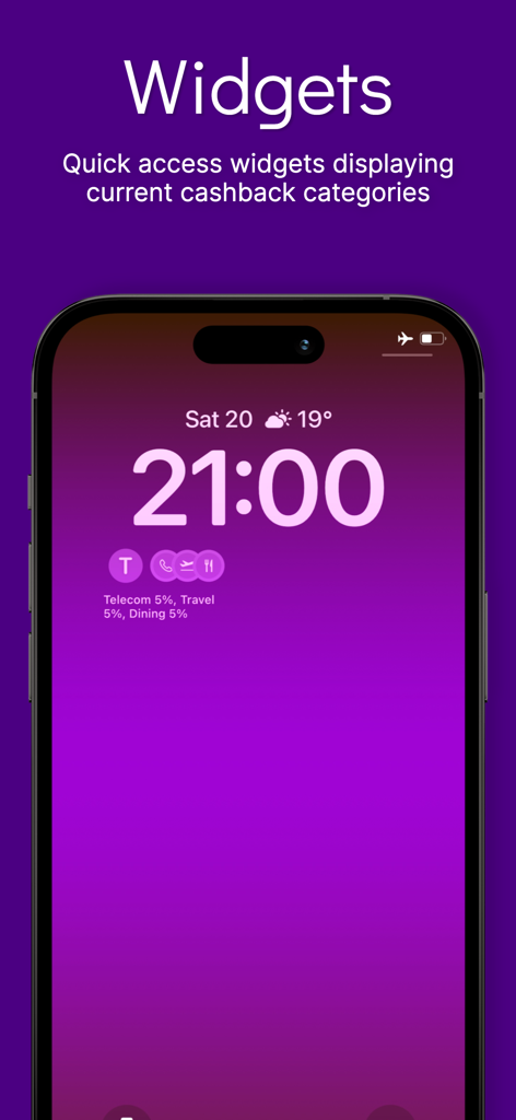 iPhoneロック画面に、通信、旅行、ダイニングの現在の5％特典が表示されたCashbackerウィジェットが表示されています。