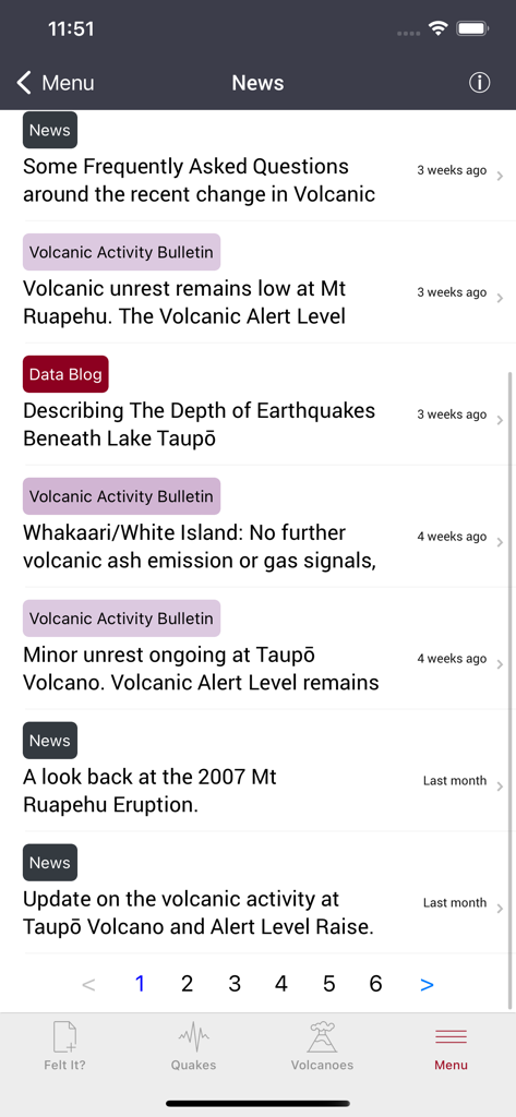 A list of volcanic activity bulletins and geological news articles within the GeoNet Quake app