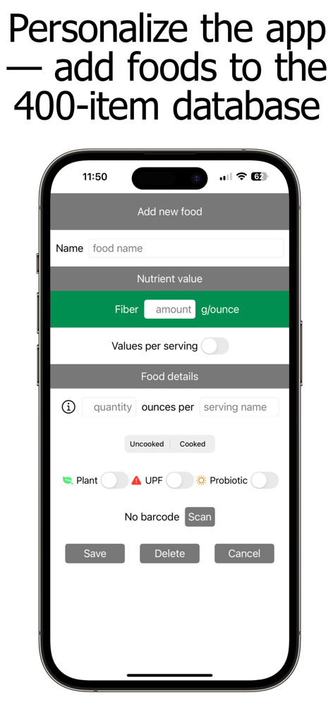 Fiber Counter and Tracker - Interface for adding custom food items to the fiber tracker including nutrient values and dietary tags