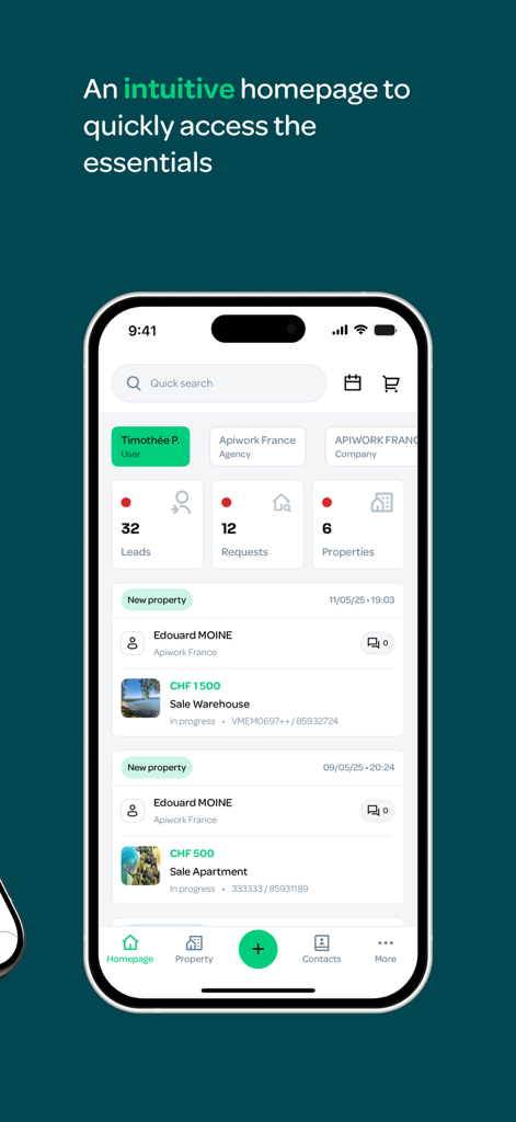Apimo - Apimo real estate app homepage displaying the dashboard with leads, requests, and property listings.