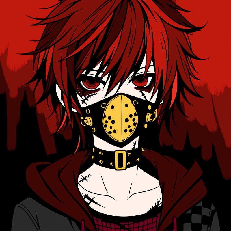 anime boy with scars and emo mask and messy hair with punk shirt