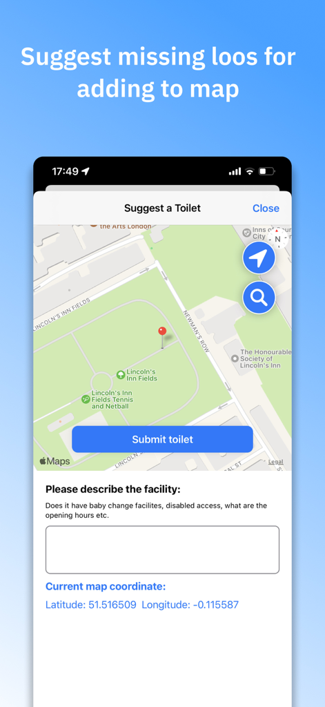 Toilets4London - Toilets4Londonアプリで、地図上にピン留めし、バリアフリーや営業時間などの詳細を追加して新しいトイレの場所を提案する方法を表示するインターフェース