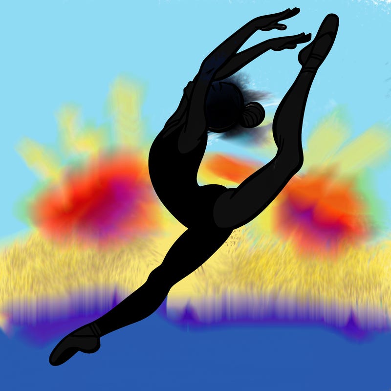 gymnast doing a leap in a leotard with a bent back leg