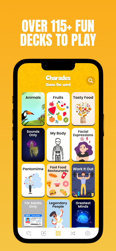 Charades - Guess The Word! - A smartphone screen displaying the Charades app with a variety of colorful game categories like Animals and Fruits