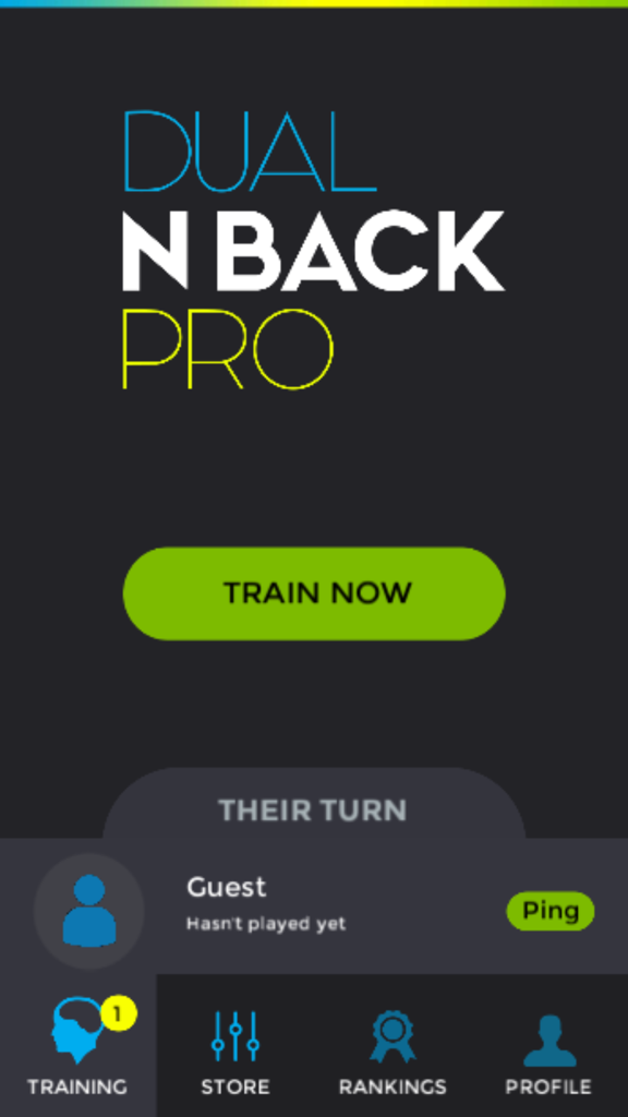 Main interface of the Dual N Back Pro brain training app featuring a Train Now button and navigation menu.