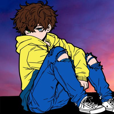 a male hoddie ripped jeans messy hair anime
