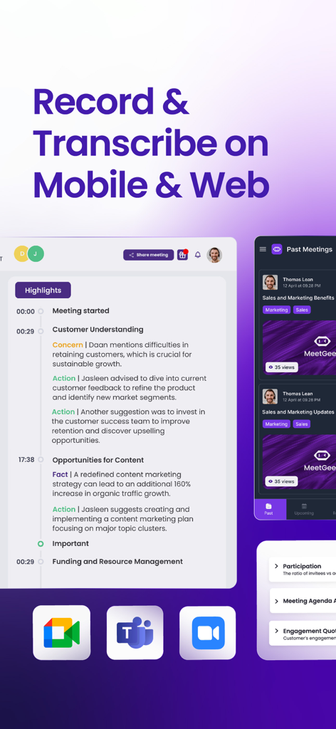 Smart AI Note Taker - MeetGeek - Smart AI Note Taker interface showing meeting transcriptions and summaries on mobile and web platforms