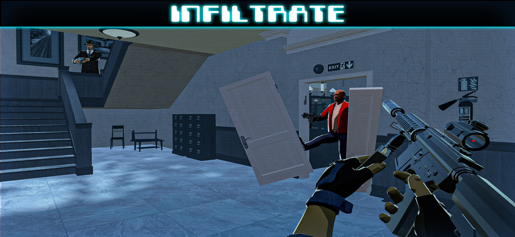 Shadow ops - Tactical shooter - Ego-Perspektive eines taktischen Operators, der mit einem Schalldämpfer-Sturmgewehr ein Gebäude infiltriert.