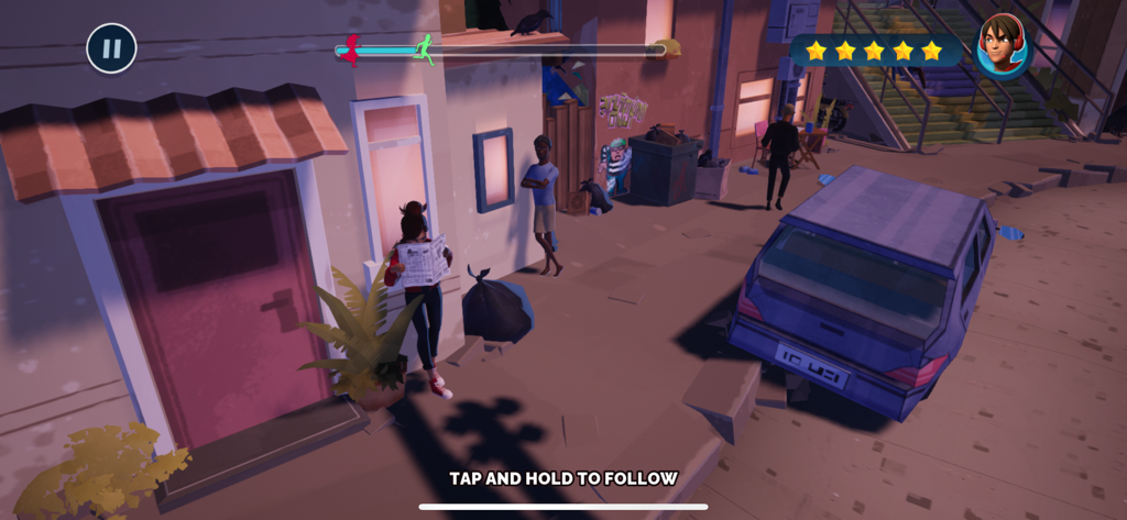 Gameplay from the Carmen Sandiego mobile game showing a character hiding behind a plant to stealthily follow a suspect on a city street