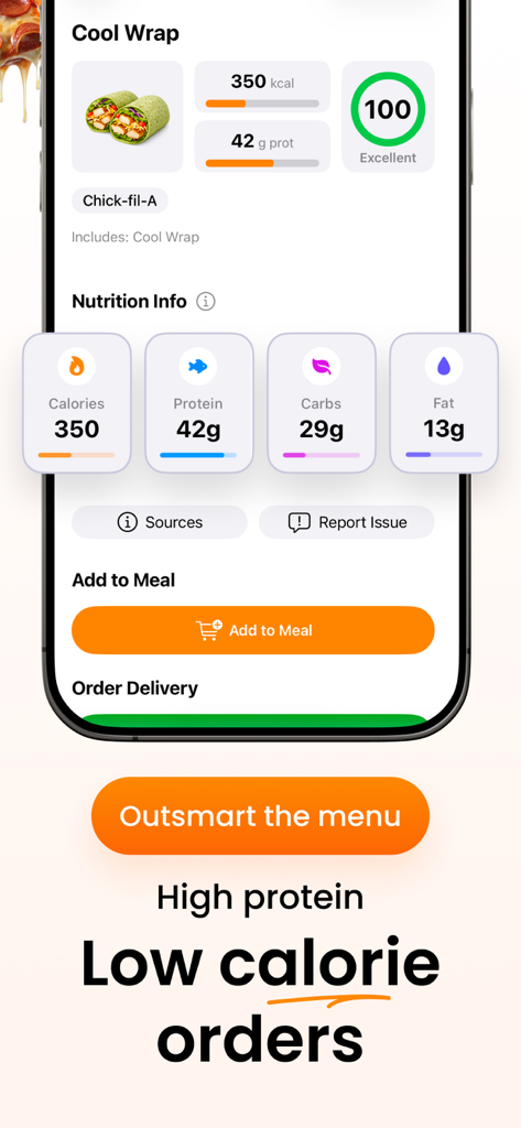 LeanBites - Healthy Dining - LeanBites app displaying protein and calorie breakdown for a restaurant meal