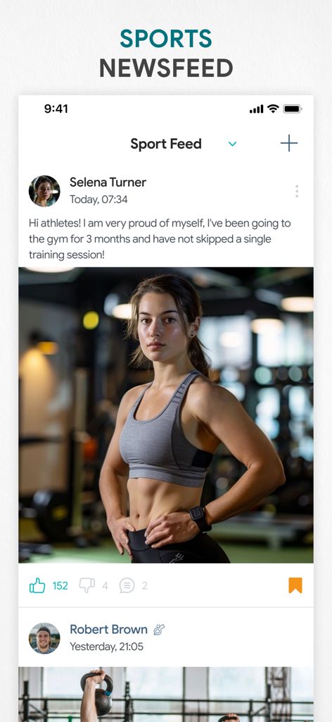 Screenshot of the Fitness App sports newsfeed showing user workout progress and social interactions.