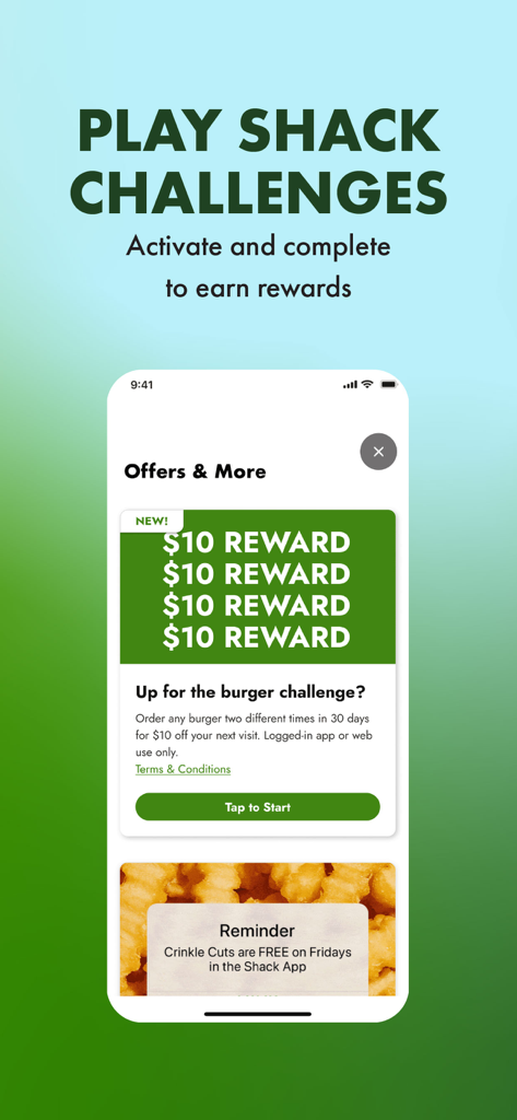 Lo schermo dell'app mobile Shake Shack mostra le sfide Shack e i premi per ordini frequenti.